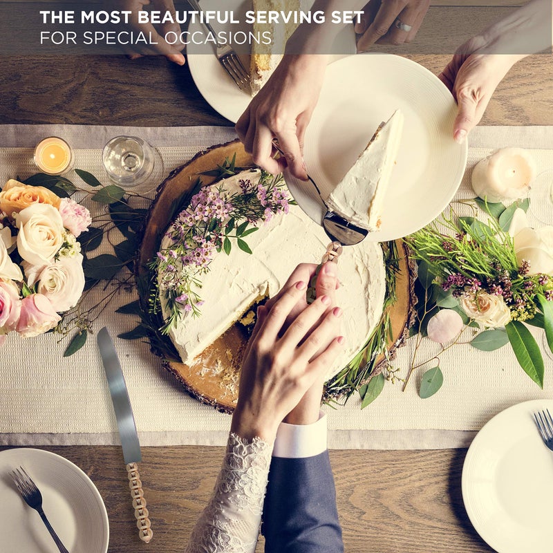 Homi styles wedding cake knife and server set | Elegant Gold Color With Beaded Handles & Premium 420 Stainless Steel Blades | Cake & Pie Serving Set For Wedding Cake,cake cutter Gift - Image 5